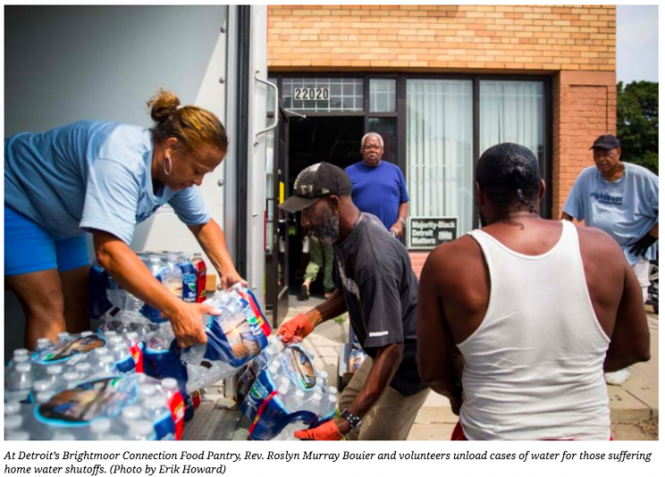 At Detroit’s Brightmoor Connection Food Pantry, Rev. Roslyn Murray Bouier and volunteers unload cases of water for those suffering home water shutoffs. (Photo by Erik Howard)